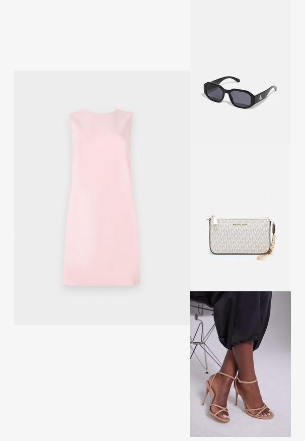 Ermeløs kjole i myk rosa stoff, med en enkel A-linjefasong, rund halslinje og glatt tekstur uten mønstre eller pynt.; Beige hæl sandaler med krystalmotiver, med åben tå, tynde remme og en slank silhuet.; Svarte solbriller med åttekantet ramme, mørke linser, glatt plastmateriale og en sølvfarget logoakcent på den ene siden.; Michael Kors håndleddsveske i beige belagt kanvas med et gjentakende MK-logo mønster, gullfarget maskinvare og en avtakbar kjede-rem.; Gullmetalliske øredobber med bølgete design; glatt, reflekterende overflate; asymmetrisk form; ingen synlige mønstre eller hardware.