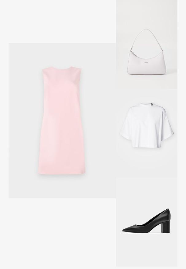 Rojena obleka brez rokavov iz mehkega rožnatega blaga, ki ima preprost A-linijski kroj, okroglo ovratnico in gladko teksturo brez vzorcev ali okrasitev.; Bela skrajšana majica iz bombaža, z širokimi kratkimi rokavi in visokim ovratnikom. Na ovratniku je v črni barvi natisnjen napis "HUGO".; Črne usnjene pete z ostrim nosom in masivnim kvadrataškim peto. Gladka textura, preprost dizajn, primeren za formalne priložnosti.; Roza usnjena torba čez ramo s ukrivljeno zasnovo, zadrgo in srebrnimi dodatki. Minimalistični logotip na sprednji strani.