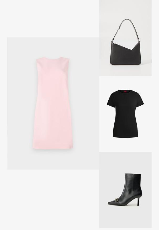 Ärmelloses Kleid aus weichem, rosa Stoff, mit einfacher A-Linie, runder Ausschnitt und glatter Textur ohne Muster oder Verzierungen.; Schwarzes Baumwoll-T-Shirt mit kurzen, aufgerollten Ärmeln, rundem Halsausschnitt und rotem Etikett. Glatte Textur, taillierte Form mit minimalen Details.; Schwarze Leder-Stiefelette mit spitzer Zehe, schlankem, mittelhohem Absatz und silberner Schnalle seitlich vor einem schlichten Hintergrund.; Schwarze Lederhandtasche in dreieckiger Form, mit schmalem Tragegurt und silbernem Zubehör. Sie verfügt über einen Reißverschluss und ein geprägtes Logo auf der Vorderseite.