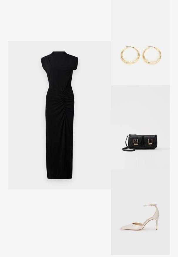 Dlouhá černá šaty s vysokým výstřihem, bez rukávů, se sbíranými detaily v pase a hladkým, elastickým materiálem.; Bílé kožené lodičky na vysokém podpatku s špičatou špičkou, kotníkovým páskem a štíhlým jehlovým podpatkem. Hladká textura s mírným lesklým povrchem.; Černá kožená crossbody taška se dvěma předními kapsami, zlatými přezkami, zipovým uzávěrem a štíhlým popruhem. Texturovaný povrch a kompaktní obdélníkový tvar.; Kroužkové náušnice ve zlatém odstínu s hladkým, zaobleným designem, vybavené tenkým drátovým uzávěrem a lesklým povrchem pro zářivý vzhled.
