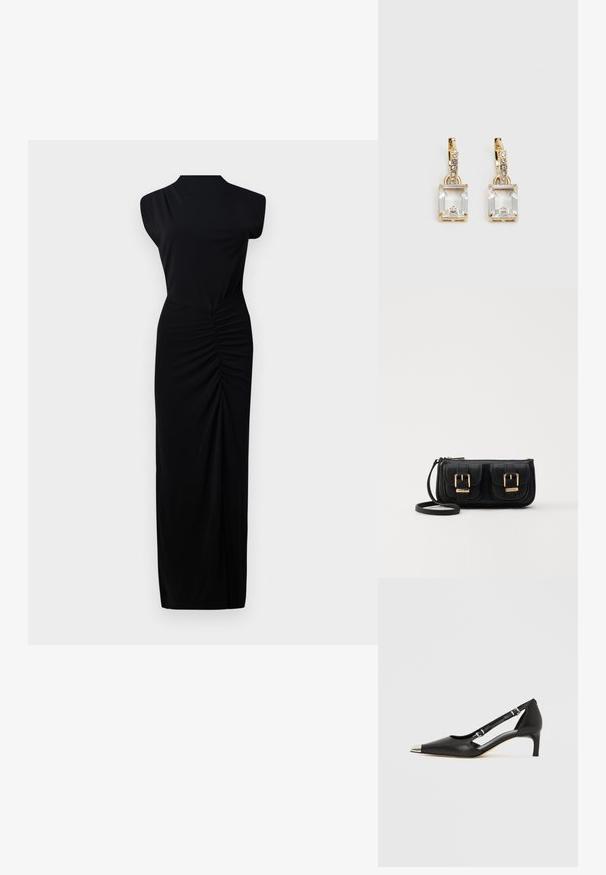 Long black dress with a high neckline, sleeveless design, gathered detailing at the waist, and a smooth, stretchy fabric.; Black leather kitten heel with pointed silver toe cap and dual buckle straps on a white background.; Black leather crossbody bag with two front pockets, gold buckles, zipper closure, and a slim strap. Textured surface and compact rectangular shape.; Gold-tone earrings featuring a rectangular, clear crystal dangling below a row of small, round clear accents. Sleek, modern design.