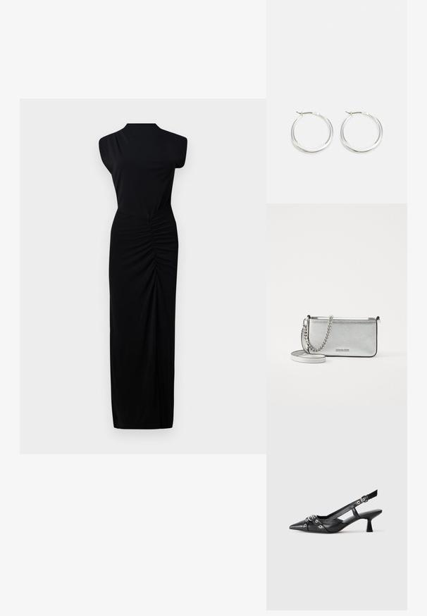 Dlhé čierne šaty s vysokým výstrihom, bez rukávov, s nariasením v oblasti pásu a hladkým, elastickým materiálom.; Čierne kožené slingback topánky s špicatou špičkou, ozdobnými popruhmi s kovovými očkami a nízkym blokovým podpätkom. Textúrovaný povrch.; Strieborná kožená crossbody taška s textúrovaným povrchom, reťazcovými a ramennými akcentmi a zipsovým uzáverom. Na prednej strane sa nachádza logo.; Strieborné kruhové náušnice majú hladký, zaoblený dizajn s tenkým profilom a bezpečným zapínaním. Minimalistický štýl s lešteným povrchom.