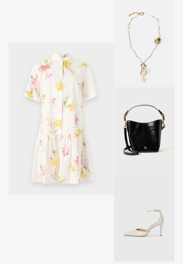 Rövid ujjú fehér ruha rózsaszín és sárga virágmintával, keskeny gallérral és rakott, tiered szoknyával.; Fehér bőr, magassarkú cipő hegyes orral, bokapánttal és vékony tűs sarkal. Simaszövet, finom fényes felülettel.; Fekete krokodil bőrhatású táska ívelt formával, arany színű fémalkatrészekkel, állítható pánttal és logó részlettel elöl.; Arany színű nyaklánc csavart láncszemekkel, fehér gyöngyökkel és zöld kő díszítéssel. Bonyolult részletekkel rendelkezik, és zárómechanizmussal van ellátva.