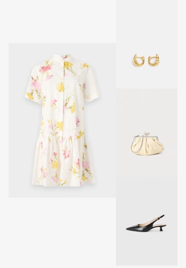 Kratka bela obleka s kratkimi rokavi in cvetličnim vzorcem v roza in rumeni barvi, z ozkim ovratnikom in nabrano, večnivojsko krilo.; Črne usnjene slingback čevlje z mačjih petah in oštrim nosom ter zlatim sponko na stranskem traku, na beli podlagi.; Zavihani bež usnjeni nahrbtnik s srebrnim kovinskim okvirom, ki ima dve okrogli okrasni zaponki in srebrno verižico.; Zlate uhane v obliki obroča z gladkim, zaobljenim dizajnom in sijajno obdelavo. Uhane odlikuje kompaktna, debela oblika in brezšivna sponka.