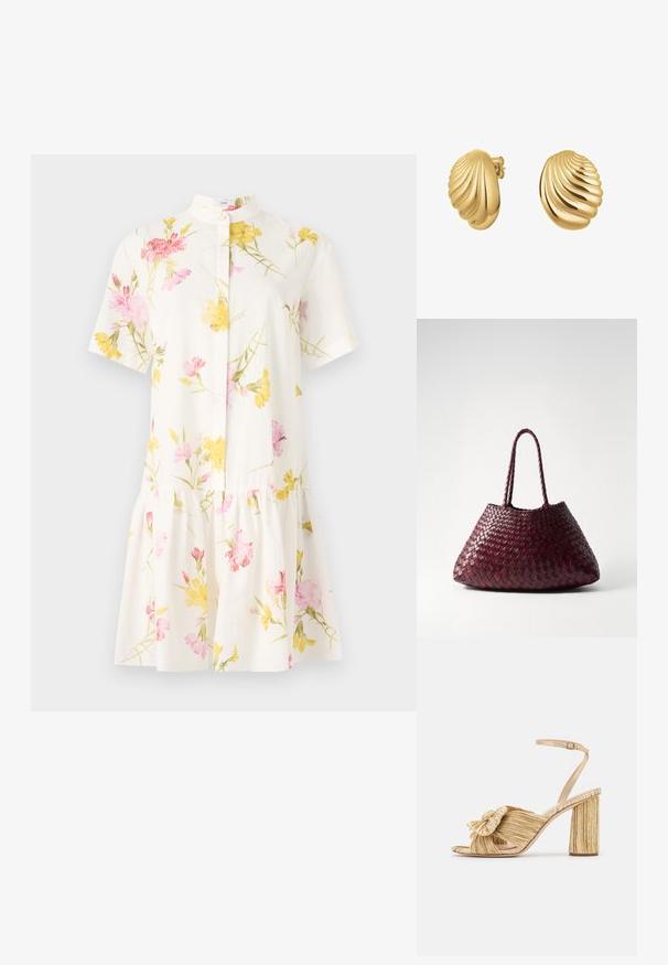 Vestido blanco de manga corta con un estampado floral en rosa y amarillo, que presenta un cuello estrecho y un diseño de falda acampanada y fruncida.; Sandalias doradas de tacón con un frente anudado, textura plisada y una correa en el tobillo. El tacón cuadrado tiene un diseño estriado que mejora la adherencia.; DRAGON DIFFUSION SANTA CROCE BIG - Bolso de mano - bordo; Pendientes en forma de concha en tono dorado, con una textura acanalada y un acabado pulido. Estilo de botón con un cierre posterior seguro.