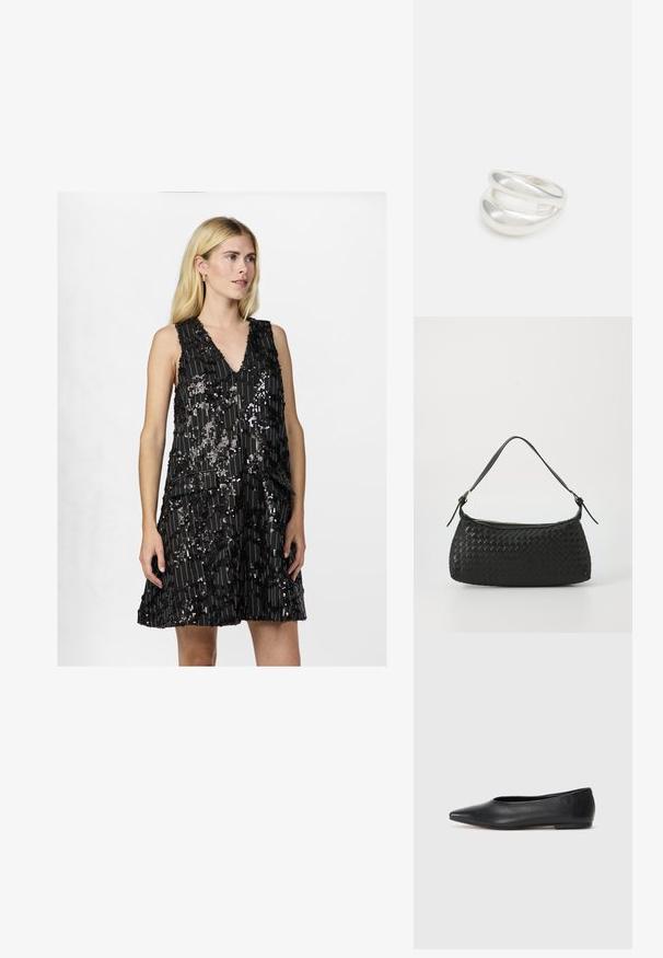 Melna bezpiedurkņu kleita ar V veida kakla izgriezumu, ar dzelteniem izšuvumiem un slāņainu audumu struktūru, radot tekstūru un vizuālu izskatu.; Melna ādas baleta kurpe, ar norādītu purngalu, minimālisma dizains, gluda tekstūra, zema papēža augstums, bez redzamiem aksesuāriem vai rotājumiem.; Melns austs plecu soma ar gludu ādas siksnu un rāvējslēdzēja aizdari. Iezīmējas ar teksturētu virsmu un izliekumu.; Sudraba divu joslu gredzens ar gludu, pulētu virsmu. Iezīmējas ar plūstošu, izliekta dizaina struktūru ar pārklājošām sekcijām modernam izskatam.