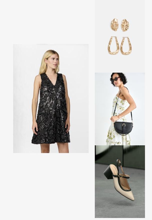 Černé bezramínkové šaty s véčkovým výstřihem, zdobené designem z flitrů a vrstvenou tkaninou, která vytváří textura a vizuální zajímavost.; Beige boty s špičatou špičkou a otevřenou patou, černými detaily, zlatou přezkou a silným blokovým podpatkem, na šedé podlaze s tmavě zeleným pozadím.; Černá kožená kabelka s křivkovým tvarem, odnímatelným popruhem a zlatými detaily. Kabelka má klopu s přezkou.; Náušnice ve zlatém tónu s texturovanými, vlnitými tvary. Obsahují sochařské klipy a design otevřeného kruhu s kladivkovým povrchem.