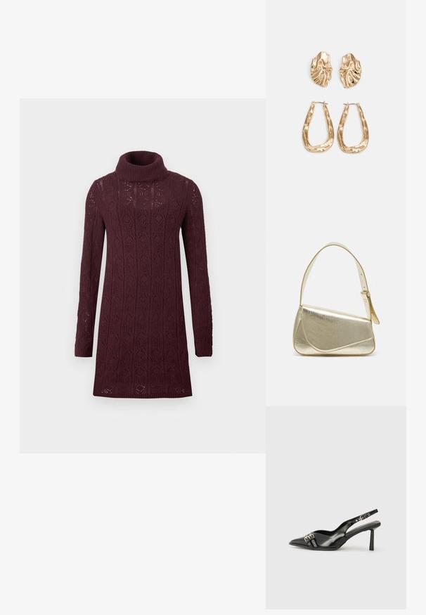 Sõrmikmustriga sügavbordoopunane kudumkleit kõrge kõrgekaelusega. Omab tekstureeritud teemantmustrit ja pikki varrukaid. Pikkus üle põlve.; Must musta nahk kingad sanga ja terava ninaga, ankle strapidega, millel on hõbedased pandlad ja riistvara ning õhuke konts.; Kuldmetallist käekott, millel on struktureeritud disain, sile tekstuur ja reguleeritav rihm. Omab ainulaadset kolmnurkset kuju ja minimalistlikku õmblust.; Kuldse värvi kõrvarõngad, mis on kaunistatud tekstuursete ja laineliste kujunditega. Komplektis on skulpturaalsed klamber kõrvarõngad ja avatud rõngasdisain, millel on lõhestatud viimistlus.