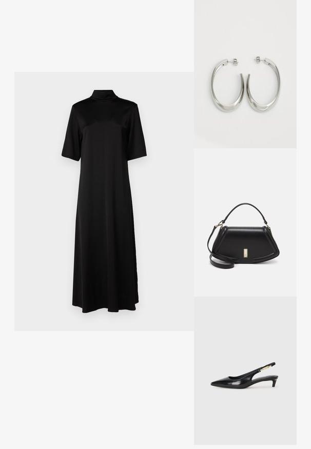 Rochie midi neagră dintr-un material neted, cu guler înalt și mâneci scurte, având o croială lejeră și un design minimal.; Sandale slingback din piele neagră cu vârf ascuțit, având un toc subțire și un accent de culoare aurie pe curea ajustabilă. Textură netedă.; Geantă de umăr din piele neagră, cu un design structurat, având o formă tăiată, mânere superioare și accente din aur. Include o curea de umăr ajustabilă.; Cercei din argint, cu un design neted și curbat. Prezintă o finisare metalică strălucitoare și închidere cu stud. Fără modele sau accente vizibile.