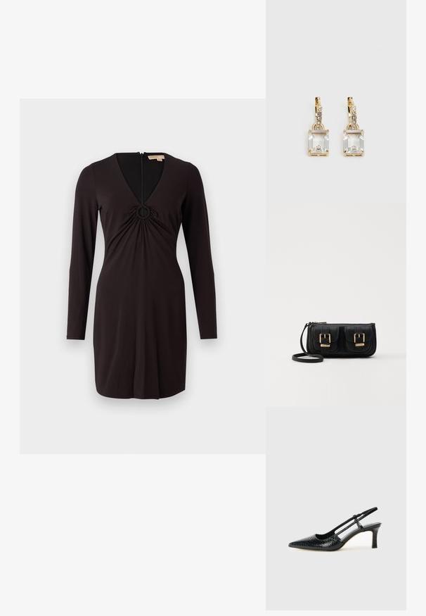 Čierne šaty s dlhým rukávom, hlbokým V-krkom a kruhovým akcentom v strede. Vyrobené z hladkej tkaniny s priliehavým strihom a zadným zipsom.; Čierne patentové slingback topánky na ihlovom podpätku s špicatou špičkou, s textúrovaným hadím vzorom, nastaviteľným popruhom a krátkym, textúrovaným blokovým podpätkom.; Čierna kožená crossbody taška s dvoma prednými vreckami, zlatými sponami, zipsovým uzatváraním a úzkym popruhom. Štruktúrovaný povrch a kompaktný obdĺžnikový tvar.; Náušnice v zlatej farbe, ktoré majú obdĺžnikový, transparentný kryštál visiaci pod radom malých, guľatých, čírych akcentov. Elegantný, moderný dizajn.