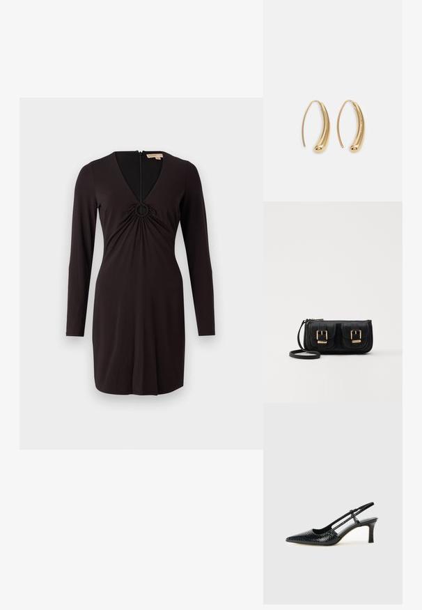 Fekete, hosszú ujjú ruha mély V-kivágással és kerek díszítéssel a közepén. Simító anyagból készült, testhez álló fazonban, hátul cipzárral.; Fekete lakk slingback sarok, hegyes orral, texturált kígyómintával, állítható pánttal és rövid, texturált tömbsarkal.; Fekete bőr keresztbody táska két elülső zsebbel, arany csattokkal, cipzáras záródással és vékony pánttal. Textúrált felület és kompakt téglalap alak.; Aranyszínű fémből készült karika fülbevalók ívelt, hosszúkás formával. Simaságával és fényes felületével, valamint lekerekített végével további részletekkel bővül.