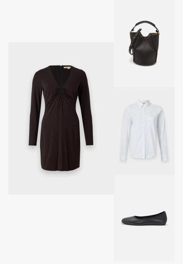 Čierne šaty s dlhým rukávom, hlbokým V-krkom a kruhovým akcentom v strede. Vyrobené z hladkej tkaniny s priliehavým strihom a zadným zipsom.; Biely dlhý rukáv košeľa vyrobená z bavlny. Má gombíkovú prednú časť, špicatý golier a náprsné vrecko na ľavej strane.; Čierne kožené baleríny s okrúhlou špičkou, hladkým povrchom, minimálnym prešívaním a flexibilným dizajnom podrážky.; Čierna kožená vedro taška s textúrovaným povrchom, zlatými kovovými detailami a otvoreným vrcholom. Obsahuje krátku rukoväť a nastaviteľný ramenný popruh.
