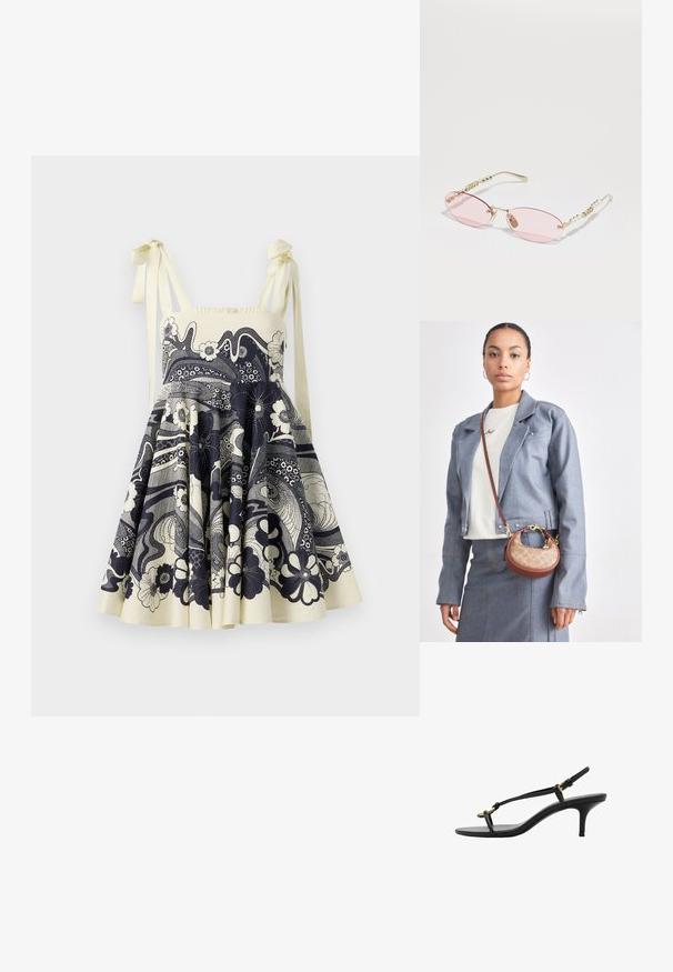 Šaty s květinovým vzorem v krémové a námořnické barvě, s možností nastavení vázání na ramenou, plisovanou sukni a přiléhavým živůtkem.; Černé kožené sandály na kotníkovém podpatku s tenkými pásky, zlatou sponou a minimalistickým provlečením na prstech na bílém pozadí.; Gucci Sluneční brýle - gold-coloured/pink; Malá hnědá a béžová kabelka s klasickým vzorem loga, zlatými kovovými prvky a zakřiveným tvarem, kombinovaná s džínovou bundou a sukní.