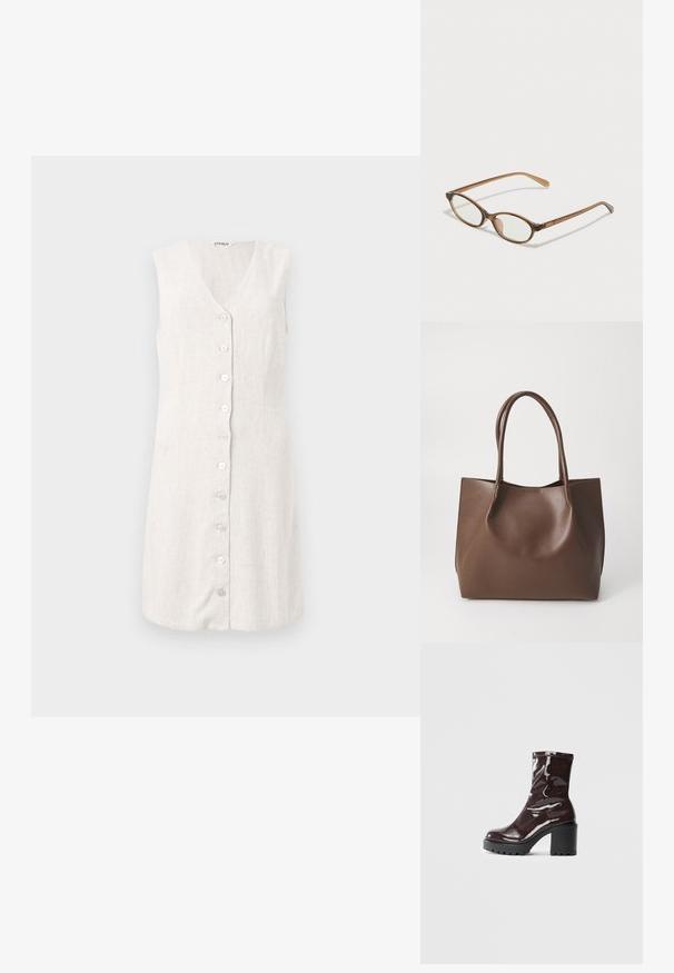 Vestido sem mangas em linho de cor bege claro, com decote em V e fecho frontal com seis botões redondos claros. Design simples e direto.; Bota de tornozelo burgundy brilhante com um salto preto robusto, apresentando uma textura suave e um design simples. Sem fechos ou padrões visíveis.; Óculos tortoiseshell castanhos com lentes ovais, hastes finas e acabamentos transparentes. Apresenta um logótipo subtil na têmpora. Design elegante e leve.; Bolsa tote de couro castanho com duas alças longas, forma estruturada, textura suave e design minimalista. Sem hardware ou acentos visíveis.