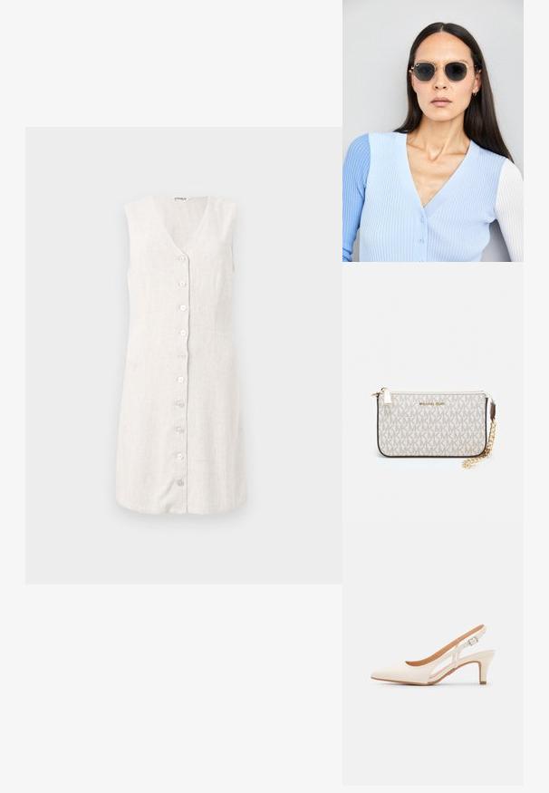 Bezrukávové ľanové šaty v svetlej béžovej farbe s výstrihom do V a predným uzatváraním na šesť okrúhlych, svetlých gombíkov. Jednoduchý a rovný strih.; Biele slingback topánky na podpätku s ostrou špičkou, hladkým vrchným materiálom, nízkym blokovým podpätkom a bočným výrezom s nastaviteľným remienkom na pracku.; Okrúhle slnečné okuliare s tmavými šošovkami a zlatým rámom. Modelka má na sebe svetlomodrý pletený kardigán s gombíkmi a bielymi rukávmi v kontraste.; Michael Kors zápästná taška v béžovej potiahnutej plátenej tkanine s opakujúcim sa vzorom loga MK, zlatým kovania a odnímateľným reťazovým popruhom.