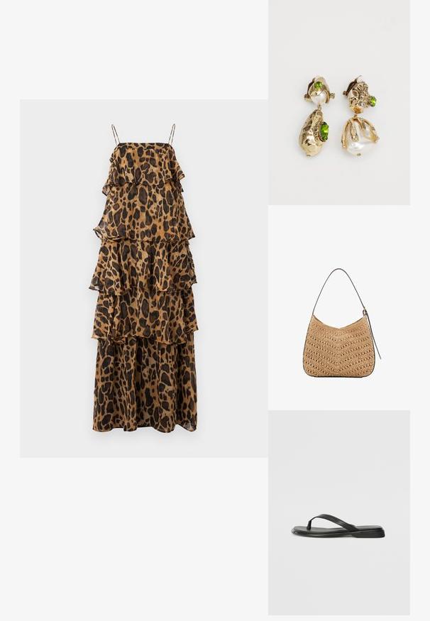 Hihaton, kerroksellinen maksimekko vaaleanruskeana mustalla leopardikuviolla. Ominaisuuksiin kuuluu röyhelökerrokset ja ohuet, säädettävät olkaimet. Valmistettu kevyestä kankaasta.; Mustat varvastossut, joissa on sileä nahkapinta, ohut hihna ja litteä pohja, jossa on minimalistinen muotoilu. Ei huomattavia kuvioita tai koristeita.; Kudottu olkalaukku, jossa on kaareva muoto, tumma nahkahihna ja teksturoitu pinta, jossa on chevron-kuvio.; Kultakuvioiset korvakorut esittävät epäsäännöllisiä teksturoituja muotoja, joita koristavat vihreät kivet ja valkoiset helmet. Ne on varustettu klipsikiinnityksillä.