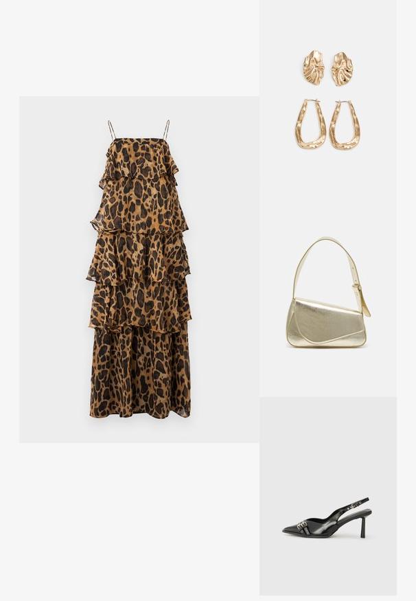 Sleeveless, tiered maxi dress in tan with a black leopard print. Features ruffled layers and thin, adjustable straps. Made from lightweight fabric.; Black patent leather slingback shoe with pointed toe, ankle straps featuring silver buckles and hardware, and a slender heel.; Gold metallic handbag with a structured design, smooth texture, and adjustable strap. Features a unique triangular shape and minimalist stitching.; Gold-tone earrings featuring textured, wavy shapes. Includes sculptural clip-on studs and open hoop design with a hammered finish.