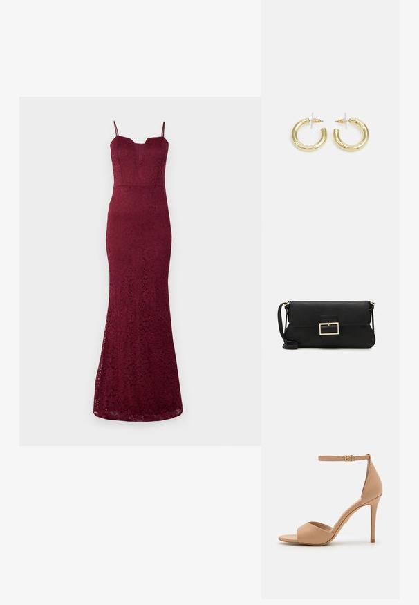 Bordo nėriniuotas suknelė su prigludusia siluetu, v-žandikauliu ir plonais petnešomis. Puošia gėlių raštai ir išsiplėtusio apačios dizainas.; ALDO CRERIDE PILLOW WALK - Sandalai - beige; Juodas odinis dėkliukas su atvarteliu ir auksinės metalinės sagties detalėmis. Įeina juodas diržas ir elegantiškas, minimalistinis dizainas.; Aukso auskarai su lygiu, blizgiu paviršiumi. Apvalus dizainas su maža užrakto dalimi ir skaidria atrama saugiam nešiojimui.
