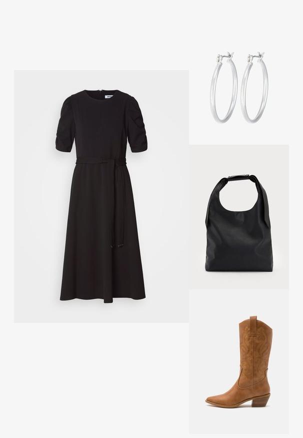 Musta midi-mekko, joka on valmistettu sileästä kankaasta. Siinä on lyhyet puff-hihat, vartalonmyötäinen yläosa ja irrotettava vyö vyötäröllä. Takana vetoketjusuljenta.; Ruskean nahkainen cowboy-saapas, jossa on terävä kärki, brodeeratut pyörteiset kuviot varressa ja kerroslohko korko. Varustettu nostonipulla helpottamaan pukemista.; Musta nahkainen käsilaukku, jossa suuri avoin yläosa ja yksi olkahihna. Pehmeä pinta, minimalistinen muotoilu, hillityt metallikoristeet.; Hope-silver rengas, joissa on sileä ja kiillotettu pinta. Pyöreä muoto ja turvallinen napsautettava lukitus. Kevyt muotoilu sopii päivittäiseen käyttöön.