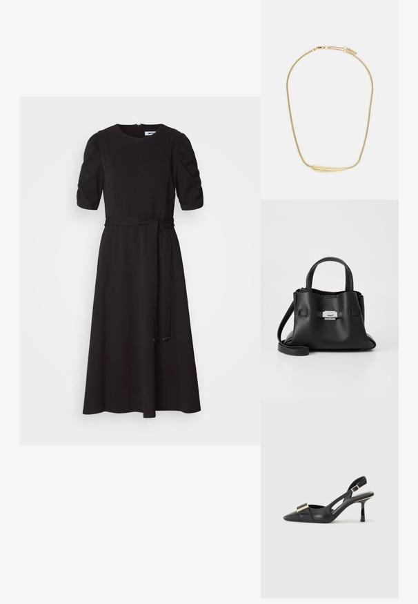 Fekete midi ruha sima anyagból, rövid puffos ujjakkal, testhez simuló felső résszel és eltávolítható övvel a deréknál. Cipzáras záródás hátul.; Fekete bőr slingback cipő hegyes orral, karcsú sarkal és aranyszínű kiegészítővel a lábfej résznél. Simább szerkezet és letisztult dizájn.; Fekete bőr kézitáska struktúrált felülettel, két felső fogantyúval, levehető vállpánttal és ezüst színű csattal.; Aranyozott nyaklánc sima, ívelt középső díszítéssel. Rugalmas lánccal rendelkezik, homárzárral és további állítható láncszemekkel.