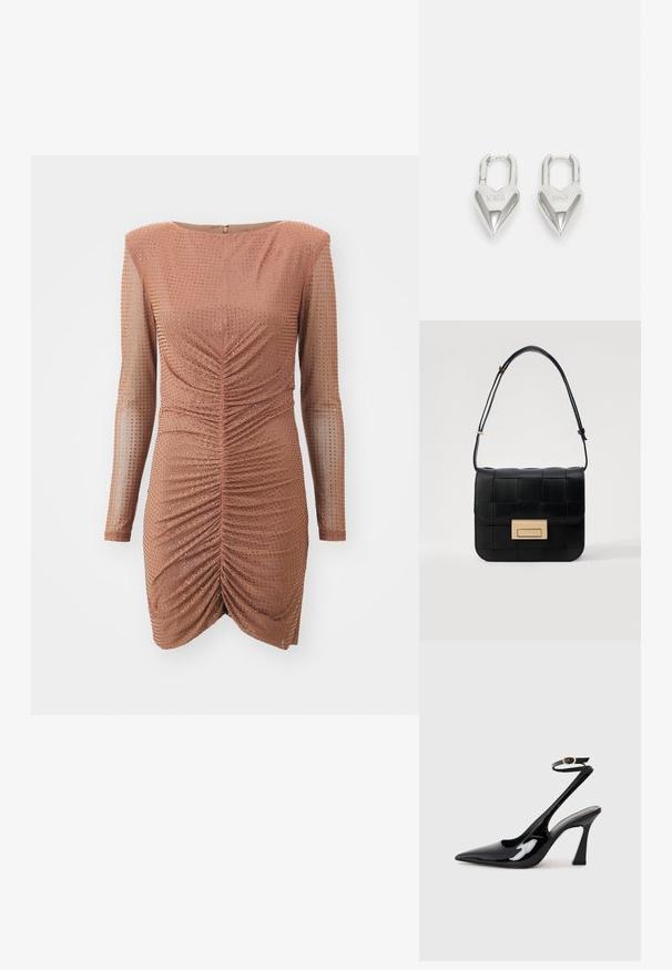 Ribota bronzinė suknelė su ilgomis permatomomis rankovėmis ir prigludusia siluetu. Yra surinkta priekinė dalis, metaliniai akcentai ir užtrauktukas gale.; Juodai lakuoti slingback aukšti kulniukai su smailiu nosiu, reguliuojama čiurnos juostele ir vidutinio dydžio blokiniu kulnu. Lygus paviršius su blizgiu apdaila.; Loeffler Randall DESI CROSSBODY WITH LOCK HARDWARE - Rankinė per petį - black; Sidabrinės širdelės formos užraktai su išgraviruotais žodžiais "TAIP" ir "NE", poliruotas paviršius, simetriškas dizainas ir tvirtas metalinis užraktas.