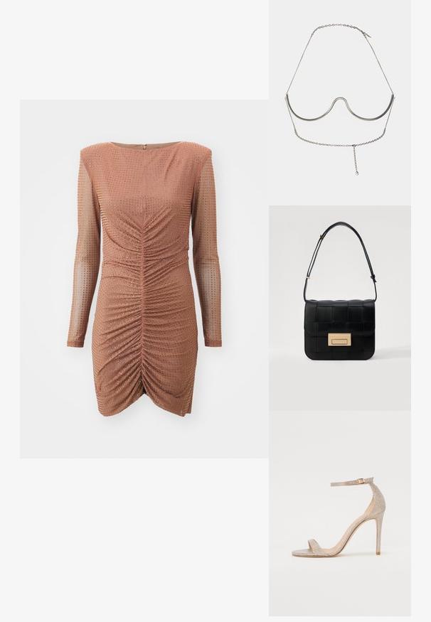 Haljina od rebrastog bronce s dugim prozirnim rukavima i prilagođenim siluetom. Ima nabrani prednji dio, metalik detalje i zatvaranje na patentni zatvarač na leđima.; Strappy sandale na visokoj peti u metalik ružičastoj boji, s teksturiranim gornjim dijelom, otevrenim prstima i remenom oko gležnja s detaljem zlatne kopče.; Loeffler Randall DESI CROSSBODY WITH LOCK HARDWARE - Torba preko tijela - black; Cult Gaia ASHA BODY JEWELRY - Ostali dodaci - bright shiny silver-coloured