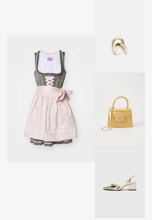 Traditionell dirndl med en mörkgrön livstycke, snörning fram och en rosa kjol knuten med en rosett. Har dekorativ sömnad och lager av tyg.; Guld, metalliska slingback-klackar med spetsig tå och chunky klack. Slät textur, minimalistisk design och en smal rem.; Gul faux-krokodilhandväska med en strukturerad design, topphandtag, avtagbar kedjesladd och dekorativa kristalldekorationer på klämman.; Örhänge i guldtonad metall med en elegant, böjd design. Har en distinkt spetsig form, polerad yta och gångjärnslås.