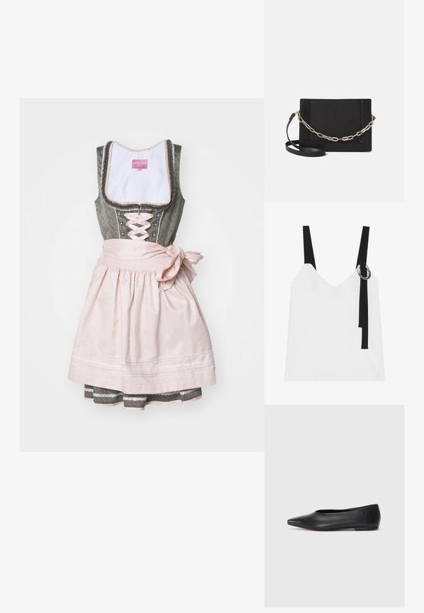 Tradiční dirndl s tmavě zeleným živůtkem, přední část se šněrováním a růžovou sukní svázanou mašlí. Obsahuje dekorativní vyšívání a vrstvené tkaniny.; Bílý top bez rukávů s výstřihem do V, vyznačující se černými pásky a stříbrným kroužkovým detailem. Hladký materiál a moderní, minimalistický design.; Černé kožené baleríny, špičatá špička, minimalistický design, hladký povrch, nízký podpatek, žádné viditelné kovové prvky nebo ozdoby.; Černá kožená crossbody taška s hladkým povrchem, obdélníkovým tvarem a kovovým řetízkem na přední straně. Součástí je nastavitelný popruh.