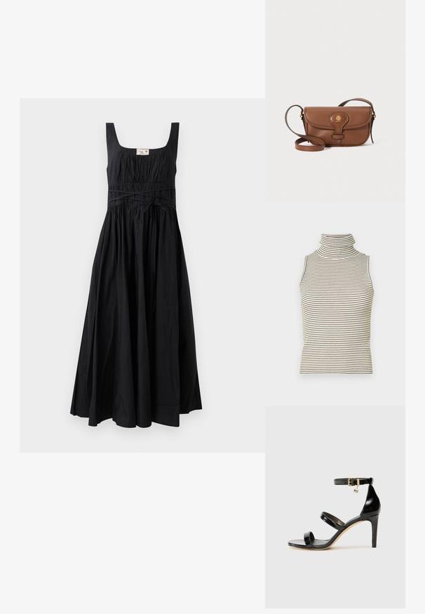 Melna, bezpiedurkņu kleita ar kvadrātveida dekoltē, savākta augšdaļa un plūstoša svārku daļa. Ietver auklu vidukli un mīkstu kokvilnas audumu.; Bez piedurknēm, augsta izgriezuma topiņš ar vertikālām melnbaltām svītrām, izgatavots no teksturēta adīta auduma, ar augstu, pieguļošu apkakli.; Melnas lakota ādas sandalēs ar trim siksnām, potītes sprādzi un 4 collu stiletto papēdi. Iespējas ar zelta detaļām un logotipa piekariņu.; Brūnas ādas pleca soma ar izliekta vāka, zelta detaļām un dekoratīvu logotipu. Siksna ir regulējama un tai ir gluda tekstūra.