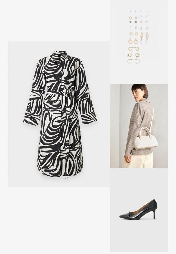 Mustvalge abstraktse sebramustriga pikkade varrukatega särkkleit kraega, nööpidega ees, rinnatasku ja silmuste ning topeltsõlmiga sobiva kangavööga.; Must musta korkeakorkoiset kengät läpikuultavasta mustasta mokasta, joissa on teräväpäinen kärki, koristeellinen nauha edessä ja ohut stilettokorko.; Valge struktureeritud käekott lühikeste käepidemete ja õlavööga, millel on kuldse riistvara aktsendid ja tekstuuriga materjal, eksponeeritud halli taustal.; Kullastusust kõrvarõngaste komplekt, mis sisaldab erinevaid disaine, sealhulgas nööpe, rõngaid ja riputatavaid tükke, millel on pärlid ja rhinestones.