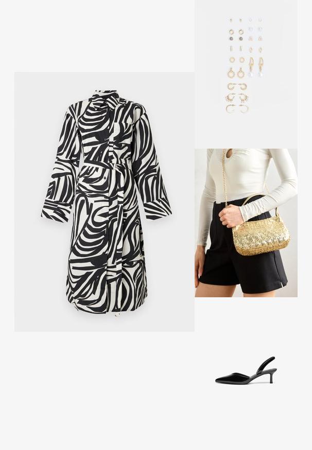 Černobílé abstraktní šaty s dlouhým rukávem s potiskem zebra, s límečkem, na knoflíky, s kapsou na prsou a páskem ze stejné látky s dvojitou přezkou.; Černé lakované kožené lodičky na klínu s špičatou špičkou, nízkým stiletto podpatkem a elegantním, jednoduchým designem bez ozdob.; Zlatá kabelka s flitry v obdélníkovém tvaru, vybavená krátkým uchopením a dlouhým řetízkovým popruhem. Textura je lesklá a reflexní.; Sada náušnic ve zlatém tónu s různými designy, včetně pecek, kruhů a visacích kousků s perlami a rhinestony.