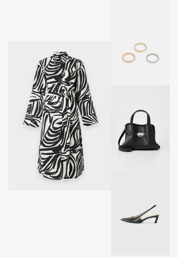 Čierno-biele abstraktné zebrové šaty s dlhými rukávmi, golierom, zapínaním na gombíky vpredu, náprsným vreckom a zodpovedajúcim látkovým opaskom so sponou s dvojitým krúžkom.; Čierne slingback topánky s ostrou špičkou a nízkym opätkom, vyrobené z hladkej kože a s výrezmi na boku pre lepšiu priedušnosť.; Čierna kožená kabelka s textúrovaným povrchom, ktorá má dve vrchné rukoväte, odnímateľný popruh cez rameno a strieborný uzáver.; Triumf kovových prsteňov: jeden v ružovom zlate, jeden zlatý s textúrovanými akcentmi a jeden strieborný, všetky s gravírovaným logom na vnútornej strane.