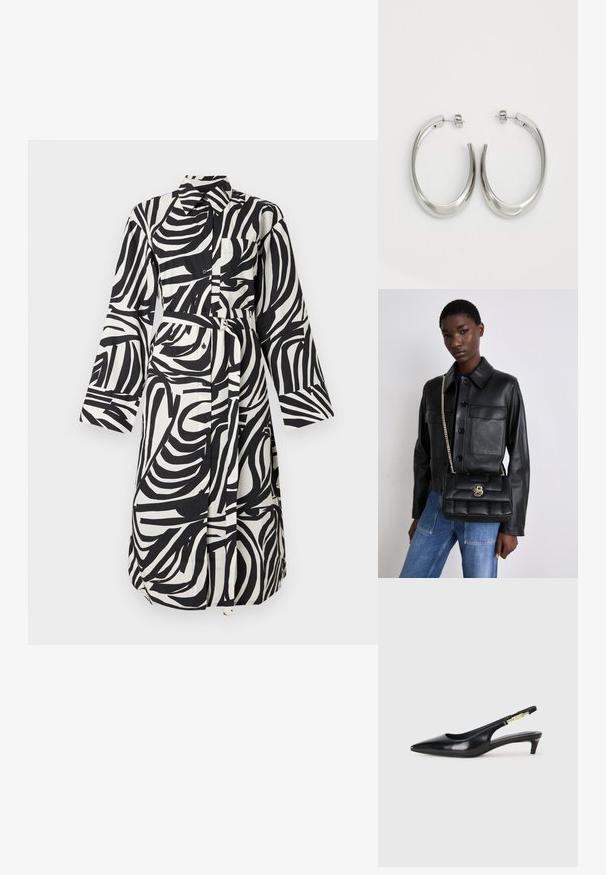 Melnbalts abstrakts zebras raksta krekla kleita ar garām piedurknēm, apkakli, pogu priekšpusi, krūšu kabatu un atbilstošu auduma jostu ar dubulto gredzenu sprādzi.; Melnas ādas slingback zābaki ar smailu purngalu, ar šauru papēdi un zelta krāsas akcentu uz regulējama siksniņas. Gluda tekstūra.; Melnas ādas jaka ar pogu aizdari un divām priekšējām kabatām, kopā ar melnu pufīgu rokassomu ar zelta sprādzi un ķēdes siksnu.; Sudraba riņķveida auskari ar gludu, izliekta dizaina formu. Iezīmējas ar spīdīgu metāla apdari un pievienojamu aizdari. Nav redzamu rakstu vai akcentu.