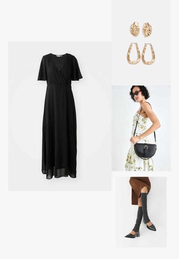 Vestido maxi preto feito de tecido leve, apresentando um frente envolvente, decote em V, mangas curtas com babados e uma saia fluida.; Sapatos pretos de pele lacada com biqueira pontuda, salto bloco e tiras no tornozelo, combinados com caneleiras cinzas em malha e uma saia de camurça castanha.; Bolsa de couro preta com forma curva, alça destacável e detalhes em dourado. A bolsa possui uma aba com detalhe de fivela.; Brincos em tom de ouro com formas onduladas e texturizadas. Inclui studs escultóricos com presilha e um design de argola aberta com um acabamento martelado.