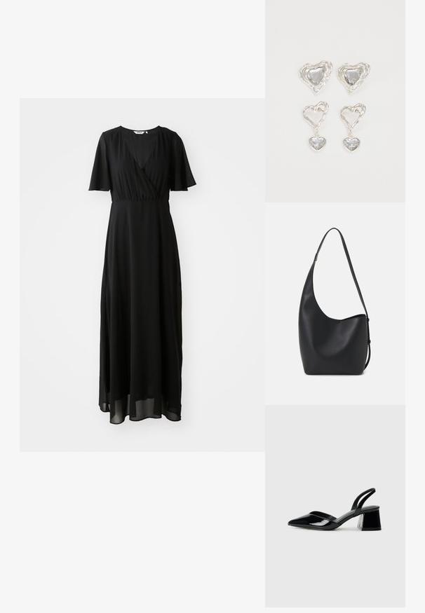 Svart maksikjole laget av lett materiale, med omslag foran, V-hals, korte flagrende ermer og en flytende skjørt.; Svarte patentlær slingback hæler med spiss tå og geometrisk blokk hæl. Har et stilrent, minimalistisk design og jevn tekstur.; Svart lær hobo-veske med glatt tekstur, buet form og enkelt justerbart stropp; har en bred åpning på toppen.; Sølv hjerteformede øredobber har fasetterte klare steiner med en teksturert ramme. Sett inkluderer både stud- og hengende stiler.