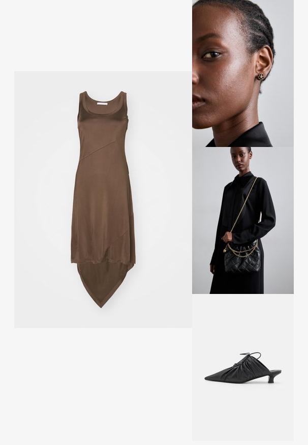 Brown sleeveless dress with a high-low hem, made of smooth fabric. Features diagonal seam details for added design.; Black leather slip-on mules with a pointed toe, gathered texture, and a small kitten heel. Features a drawstring detail at the opening.; Black quilted leather handbag with a gathered top, gold chain strap, and a rectangular shape, held against a plain background.; Gold floral stud earring features a textured black center and delicate detailing. Model's clear skin and braided hair are visible in profile.