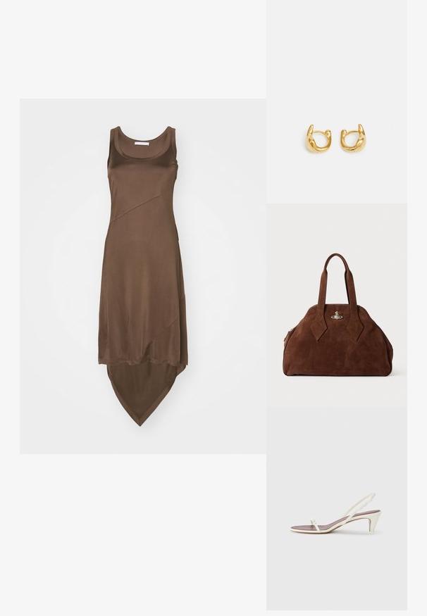 Robe sans manches marron avec un ourlet asymétrique, fabriquée en tissu lisse. Présente des détails de couture diagonale pour un design supplémentaire.; Sandales blanches à talon léger avec des fines lanières et une texture en cuir lisse ; elles sont dotées d'une petite boucle décorative.; Sac à main en daim marron avec une forme structurée, un corps arrondi et des poignées allongées en forme de diamant. Il dispose d'une fermeture en métal argenté.; Boucles d'oreilles en or présentant un design lisse et arrondi avec une finition polie. Les boucles ont une forme compacte et chunky, et un fermoir sans couture.