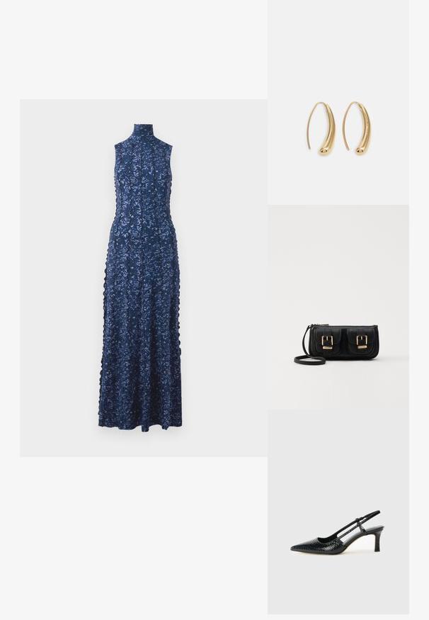 Laivastonsininen, hihaton maksimekko, jossa on korkea kaula-aukko, kukkakuvioinen pitsivuori ja aaltoilevat reunat sivuilla.; Musta patent slingback-kiilakorko teräväkärkisellä muotoilulla, jossa on teksturoitu käärmeennahkakuosi, säädettävä remmi ja lyhyt, teksturoitu blokkiheel.; Musta nahkainen olkalaukku, jossa on kaksi etutaskua, kultaiset soljet, vetoketjukiinnitys ja kapea hihna. Teksturoidun pinnan ja kompaktin suorakaiteen muoto.; Korvakorut kultasävytteistä metallista, joissa on kaareva, pitkänomainen muoto. Ominaisuuksiin kuuluu sileä, kiiltävä pinta ja pyöreä kärki lisäyksinä.