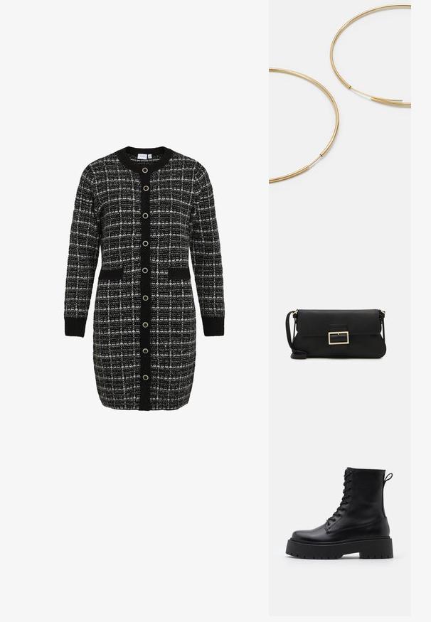 Mustavalkoinen ruutukuvioinen neuletakki, jossa on pyöreä kaulus, pitkät hihat, etutaskut ja kontrastivärinen musta napitus. Neulottu pinta.; Musta nahkainen nilkkureita, joissa on pyöreä kärki, nauhakiinnitys edessä ja paksu kumipohja, jossa on teksturoitu pinta. Takana vetotappi.; Musta nahkainen kynäpenkkilaukku, jossa on läppä ja kultainen metallinen solkiyksityiskohta. Mukana musta hihna ja tyylikäs, minimalistinen muotoilu.; Kultaiset rengaskorvakorut, ohuet ja pyöreät, joissa on sileä metallipinta ilman koristeluja tai kuvioita.