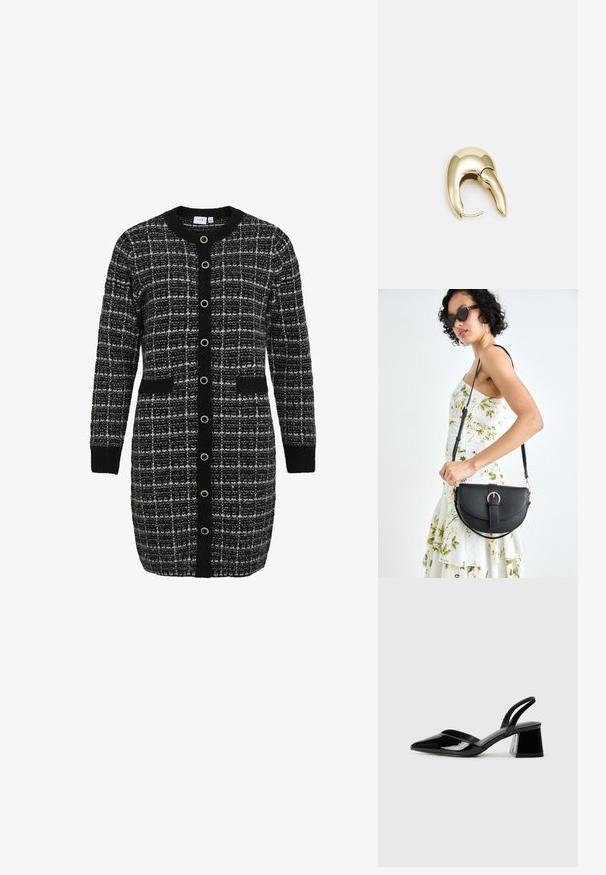 Svart og hvit rutete cardigan med rund krage, lange ermer, frontlommer og kontrasterende svart knappestolpe. Strikket tekstur.; Svarte patentlær slingback hæler med spiss tå og geometrisk blokk hæl. Har et stilrent, minimalistisk design og jevn tekstur.; Svart lærveske med en buet form, avtagbar stropp og gullbeslag. Vesken har et klaff med spenne-detall.; Gullfarget metalløredobber med et elegant, buet design. Har en karakteristisk spiss form, polert overflate og hengsel-lukking.