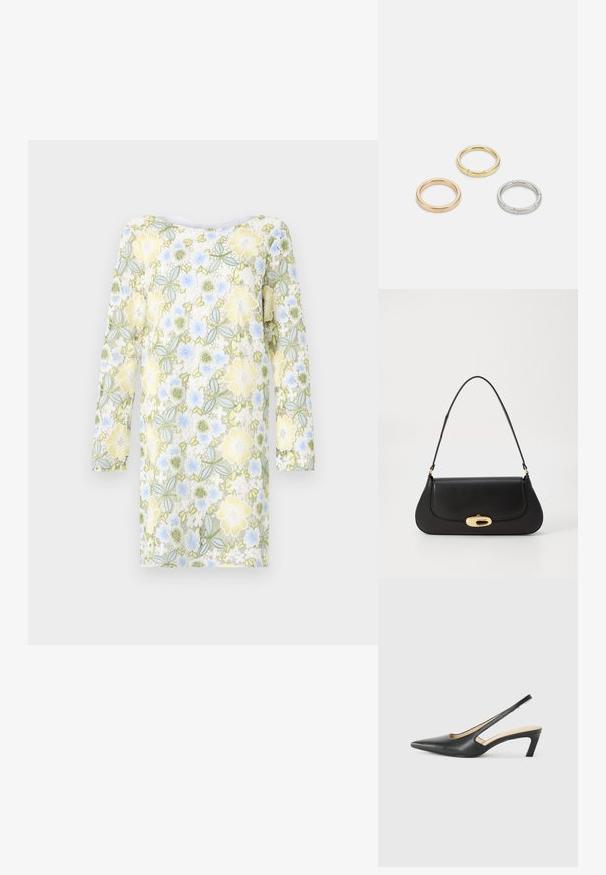 Bruuns Bazaar YVONNE BLUCILLE DRESS - Denní šaty - multi coloured; Černý špičatý slingback s nízkým podpatkem, vyrobený z hladké kůže, s výřezem na boku pro lepší prodyšnost.; Černá kožená kabelka s zakřiveným designem, zlatými akcenty a horním uchem. Vybavena elegantním zavíráním a hladkým povrchem.; Tři kovové prsteny: jeden růžově zlatý, jeden zlatý s texturovanými detaily a jeden stříbrný, všechny s vyrytým brandingem na vnitřním boku.