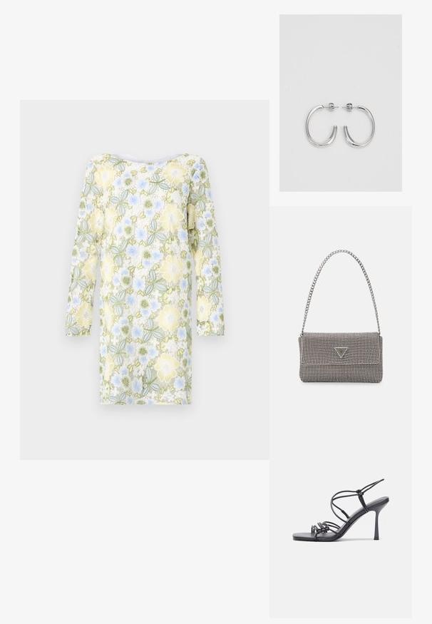 Bruuns Bazaar YVONNE BLUCILLE DRESS - Dnevna haljina - multi coloured; Crne sandale na visokoj potpetici imaju tanke trake s čvorastim dizajnom, glatki kvadratni vrh i elegantnu stiletto petu.; Svijetlosivi metalik ruksač s lancem, ukrašen malim okruglim metalnim zakovicama i trokutastim logotipom marke.; Srebro naušnice u obliku prstena s glatkom, sjajnom završnom obradom. Zaobljenog oblika, laganog dizajna, s kopčom na poleđini.