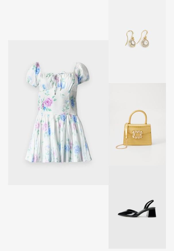 Gėlėmis dekoruota suknelė su pūstomis rankovėmis, balta medžiaga, pastelinių rožių ir lapų motyvais, susiraukšlėjusi krūtinė, klostuota sijonas, lengvas audinys.; Juodos lakuotos odinės šlepetės su smailiu pirštu ir geometriniu bloko kulnu. Turi elegantišką, minimalistinį dizainą ir lygų paviršių.; Geltonas dirbtinės krokodilo odos rankinukas su standžiu dizainu, viršutine rankena, nuimamu grandininiu dirželiu ir dekoratyviniu krištolo papuošimu ant užsegimo.; Aukso spalvos auskarai su ovalo formos skaidriais kristalais, apjuostais mažesniais skaidriais akmenukais, su kabliuko dizainu, užtikrinančiu saugų dėvėjimą.