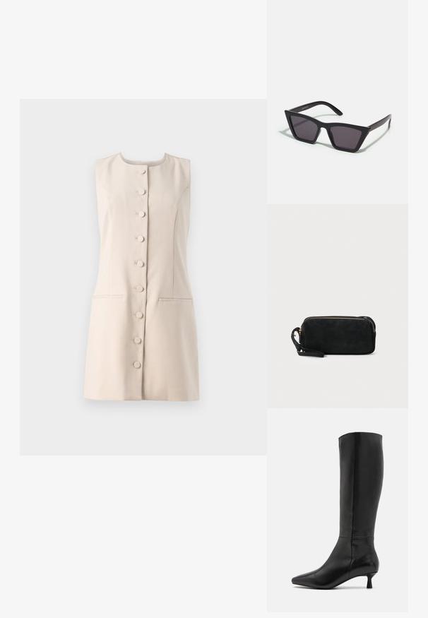 Rochie bej fără mâneci, cu decolteu rotund, față cu nasturi și două buzunare laterale. Material neted cu un design structurat.; Zign Cizme - black; Ochelari de soare negri, unghiulari, cu lentile gri; fabricați din plastic, având brațe groase cu o suprafață netedă și fără hardware vizibil.; Geantă de mână din suede negru, cu închidere cu fermoar și bretea detașabilă pentru încheietura mâinii. Dispune de accesorii din metal aurit și o textură netedă, mată.