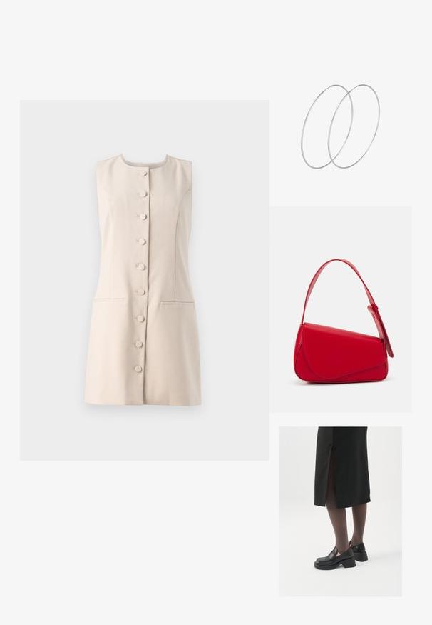 Bēša bezpiedurkņu kleita ar apaļu dekoltē, pogu priekšpusi un divām sānu kabatām. Gluda auduma ar strukturētu dizainu.; Melni ādas apavi ar noapaļotu purngalu, biezām bloku papēžiem un elastīgiem sānu akcentiem, apvienoti ar tumšām zeķubiksēm un melnu svārku ar šķirbu.; Sarkans ādas rokassomi ar stūrainu, ģeometrisku dizainu. Iekļauj vienu regulējamu siksnu un vāku ar izšūtu detaļu.; Sudraba gredzenveida auskari ar minimālistisku dizainu. Cirkulāra forma, gluda tekstūra un plāns profils. Vieglu svaru ar spīdīgu apdari.