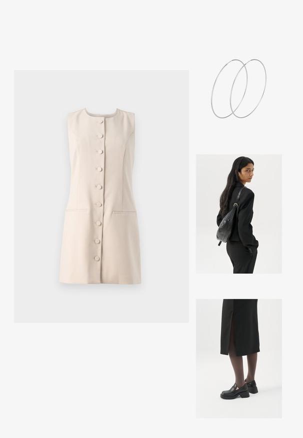 Bēša bezpiedurkņu kleita ar apaļu dekoltē, pogu priekšpusi un divām sānu kabatām. Gluda auduma ar strukturētu dizainu.; Melni ādas apavi ar noapaļotu purngalu, biezām bloku papēžiem un elastīgiem sānu akcentiem, apvienoti ar tumšām zeķubiksēm un melnu svārku ar šķirbu.; Sieviete ar garām tumšām matiem, ģērbusies melnā uzvalkā, nēsā melnu ādas plecu somu un skatās pāri plecam uz balta fona.; Sudraba gredzenveida auskari ar minimālistisku dizainu. Cirkulāra forma, gluda tekstūra un plāns profils. Vieglu svaru ar spīdīgu apdari.