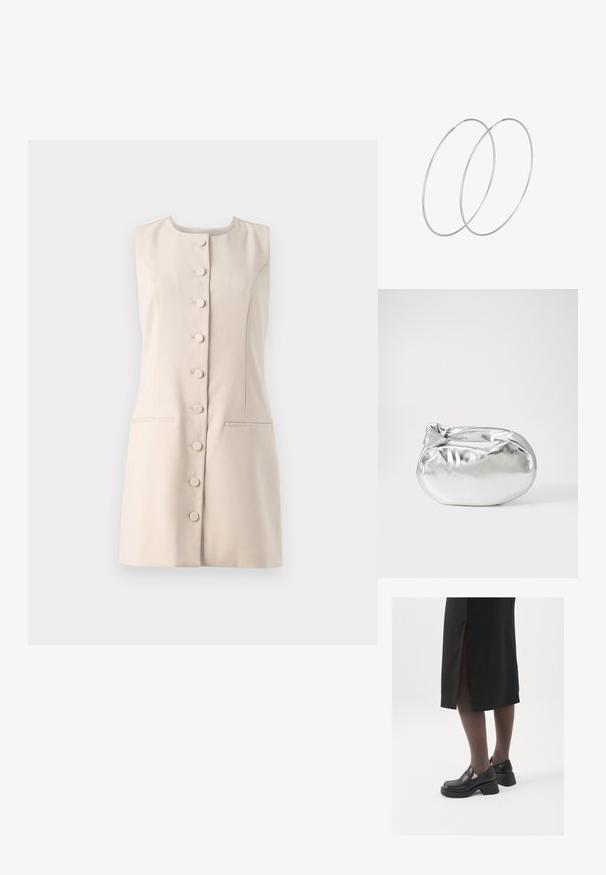 Bežové šaty bez rukávov s okrúhlym výstrihom, predným zapínaním na gombíky a dvoma bočnými vreckami. Hladká tkanina s vystavaným dizajnom.; Čierne kožené topánky s okrúhlou špičkou, silným blokovým opätkom a elastickými bočnými akcentmi, skombinované s tmavými pančuchami a čiernou sukňou so štiepením.; Strieborná metalická taška s mäkkým, zaobleným tvarom a uzáverom s uzlíkom. Vyrobená z hladkej syntetickej kože.; Strieborné kruhové náušnice s minimalistickým dizajnom. Cirkulárny tvar, hladký povrch a tenký profil. Ľahké s lesklým povrchom.