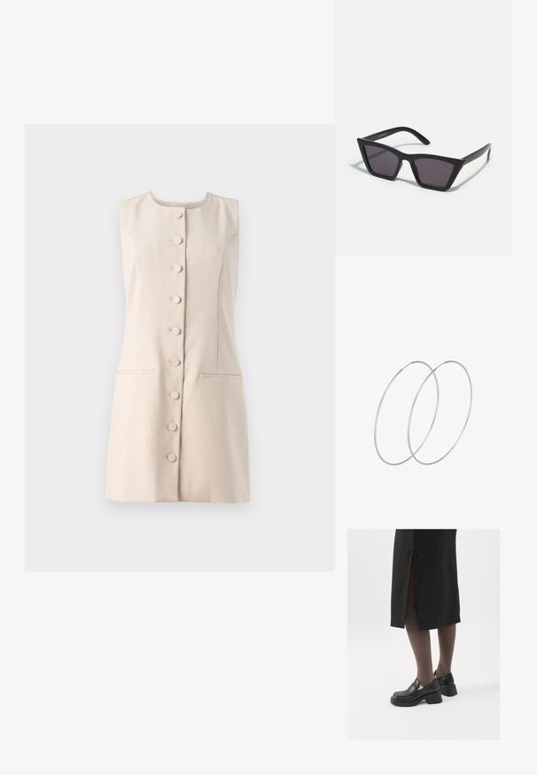 Beige ilma varrukatega kleit ümmarguse kaelusega, nupuvajutusega esiosa ja kahe küljetaskuga. Sile kangas struktureeritud disainiga.; Mustad mustad jalatsid ümmarguse varbaga, paksu plokkniidi ja elastsete külgdetailidega, kombineeritud tumedate sukkade ja musta lõhikuga seelikuga.; Mustad mustrakellad, millel on hallid šabloonid; valmistatud plastist, paksude ja siledate kätega, ilma nähtava riistvarata.; Hõbedased rõngastikkaehingad minimalistlikus disainis. Ümar kuju, sile tekstuur ja õhuke profiil. Kerged ning poleeritud viimistlusega.