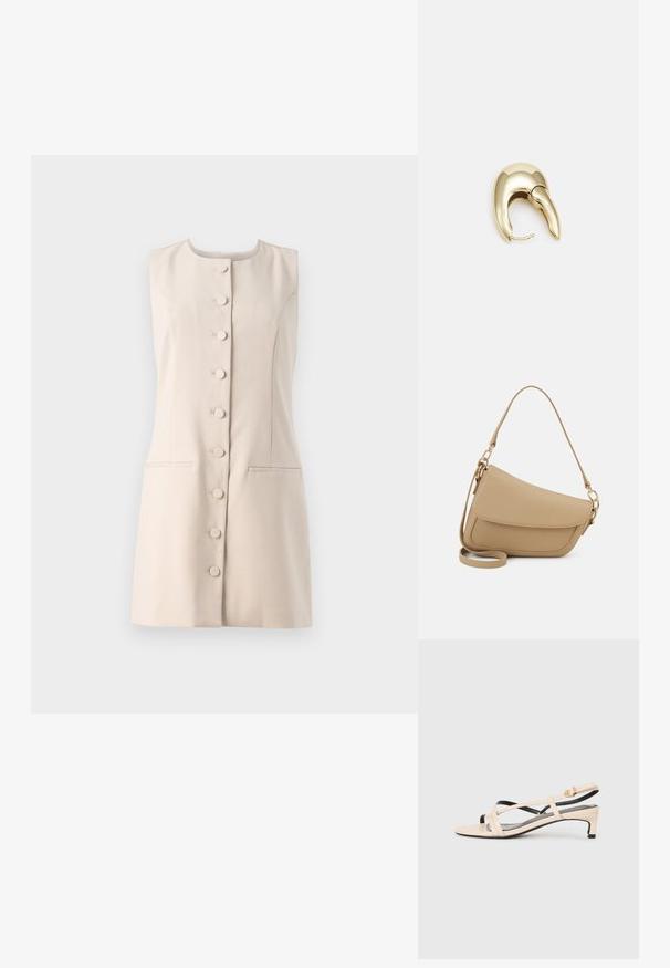 Beige ilma varrukatega kleit ümmarguse kaelusega, nupuvajutusega esiosa ja kahe küljetaskuga. Sile kangas struktureeritud disainiga.; Beež nahast slingback-sandaalid ristkülikukujuliste rihmadega, madala kannaga ja mustade aktsentidega. Sile tekstuur ja minimaliseeritud disain.; Even&Odd Käekott - beige; Kuldtooni metallist kõrvarõngas, millel on elegantne ja kaarjas disain. Omab silmapaistvat teravat kuju, poleeritud pinda ja hingesulgemist.