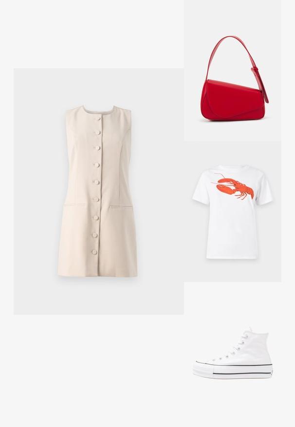 Rochie bej fără mâneci, cu decolteu rotund, față cu nasturi și două buzunare laterale. Material neted cu un design structurat.; Tricou alb din bumbac, cu un grafic mare, viu colorat de homar roșu pe față. Mâneci scurte și un guler standard de tip crew neck.; Adidași albi tip pantofi sport cu glezna din pânză, cu talpă din cauciuc negru, capac de vârf din cauciuc frontal și șase ochiuri pentru șireturi, având un design curat și minimalist.; Geantă de mână din piele roșie, cu un design unghiular și geometric. Dispune de o singură curea ajustabilă și un sistem de închidere cu clapetă, cu detalii cusute.
